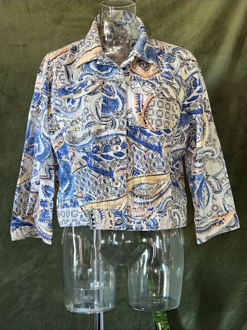 Chico's Blue and Cream Paisley Button-Up Jacket